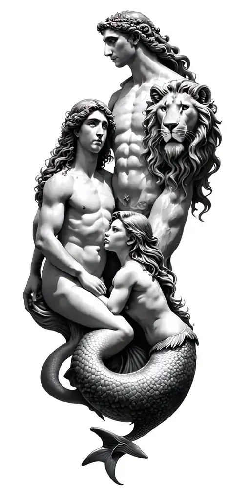 Greek God And Dolphin And Lion And Mermaid As A Family In Grey Black And White