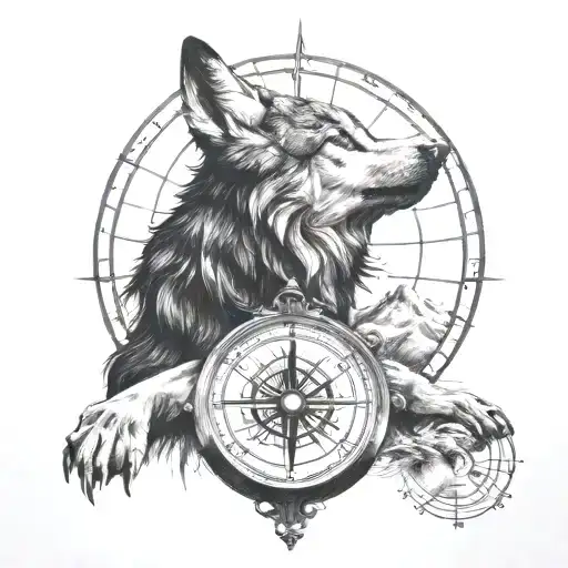 A Wolf Howling At The Moon With A Compass In Its Paw