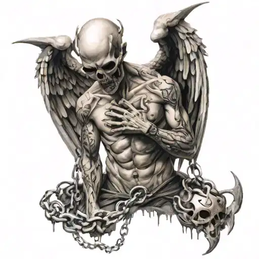 A Demon Tears Out An Angel's Heart In Chains Whose Torso Is A Skull
