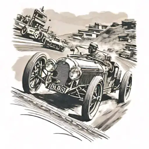 A Realistic Tattoo Of A Vintage Car Racing Through The Silverstone Track