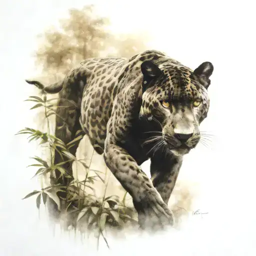 A Majestic Black Jaguar Prowling Through A Dense Forest Setting