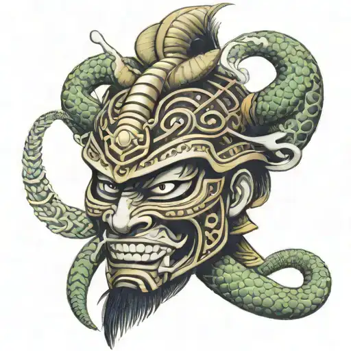 A Neotraditional Style Samurai Mask With Serpents Weaving Through The Design