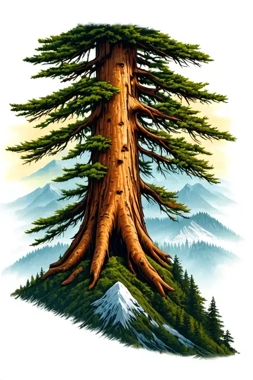 Single Redwood Tree With Mountain