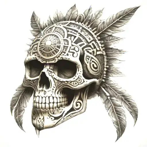 Aztect Skull With Aztect Sun Above It With Aztec Patterns
