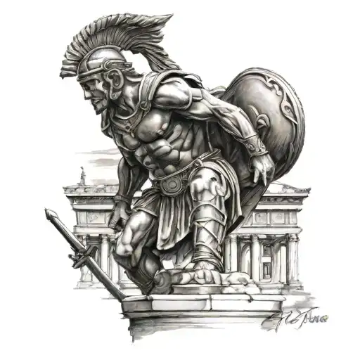 A Tattoo Of A Warrior Statue From Ancient Rome With A Greek Temple In The Background