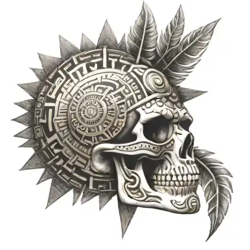 Aztect Skull With Aztect Sun Above It With Aztec Patterns