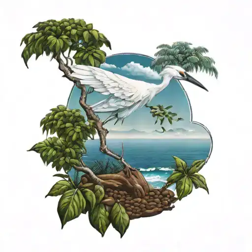 A White Crane Perched On A Coffee Bean Tree Overlooking A Vast Ocean