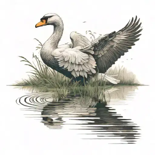 A Swan In A Pond With An Eagle Flying Over It