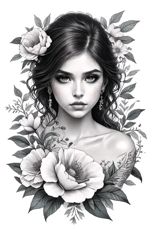 Hirrel With Strong Expression And Surrounded By Flowers And Leaves For Female Upper Arm