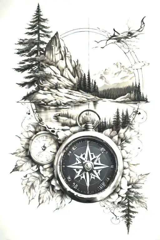 Inner Forearm Compass With Mountains And Trees Surrounding It And Coordinates Imbedded