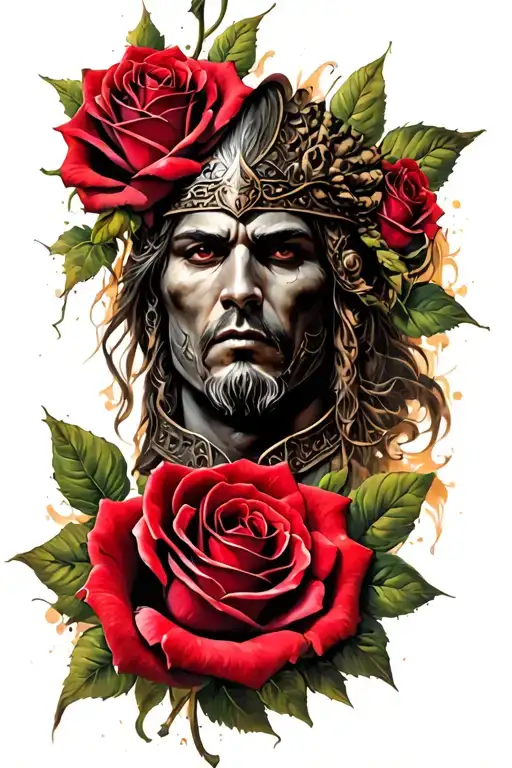 Warrior Face And Interwined Roses