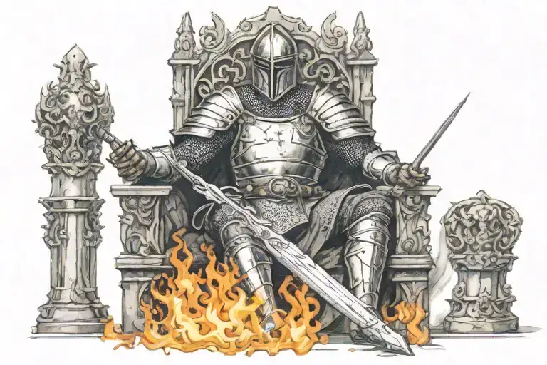 Seating On A Throne Medieval Knight Holding Sword On Fire