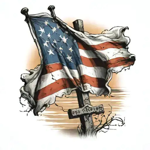 Drapped Flag On Cross At The Beach With Sunset