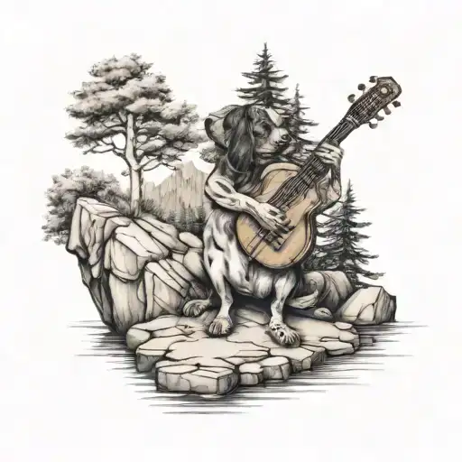 Dog Playing Mandolin On Rock By Water With Trees Around