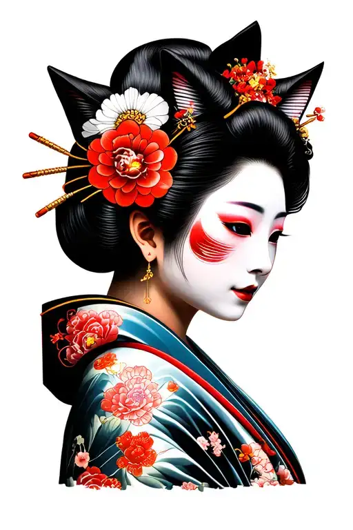Japanese Geisha With Kitsume Mask On Side Of Head