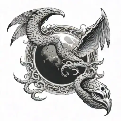 Triple Black Moon With Winged Serpents On Both Sides