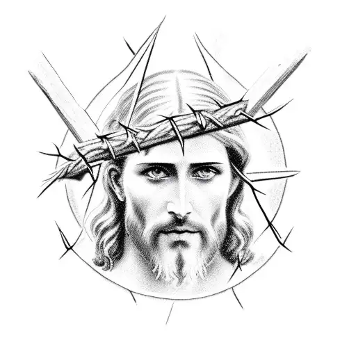 Jesus Face With Thorns In Head Holding Rosary Beads In Hands