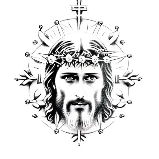 Jesus Face With Thorns In Head Holding Rosary Beads In Hands
