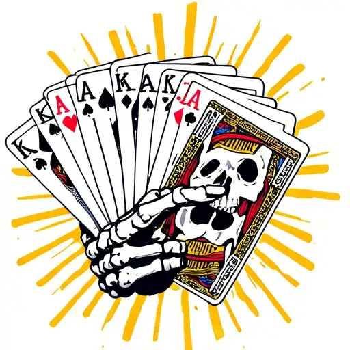 Skeleton Hand Holding Cards That Spell Out Karama With Sunshine Rays