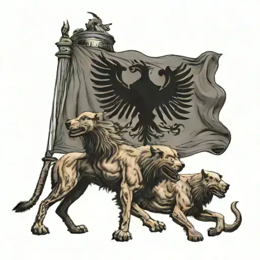 Albanian Flag With Hell Hounds Sitting And Guarding The Entrance To Hell From Heaven