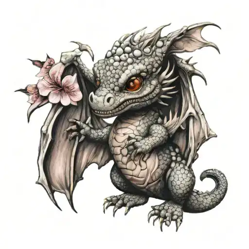 Baby Dragon With Cherry Blossom Flowers