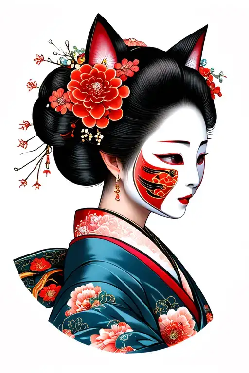 Japanese Geisha Wearing Kitsume Mask On Side Of Head