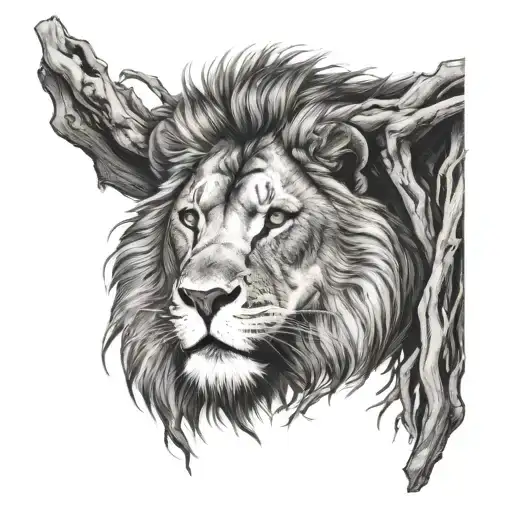 Roaring Lion Head Made Of Tree Roots