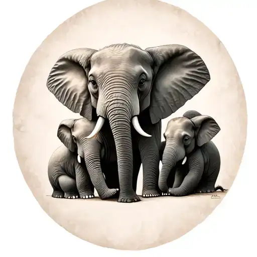 Elephant Mama 3 Babies All Holding