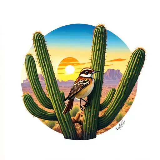 Cactus Wren Sitting On A Saguaro Cactus With Dessert Sunset
