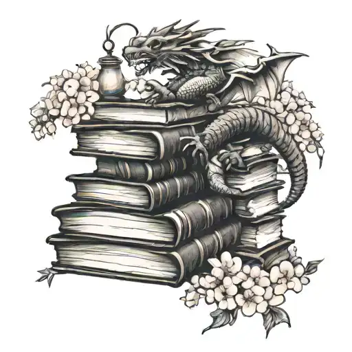 Stack Of Books With Dragon And A Cherry Blossom