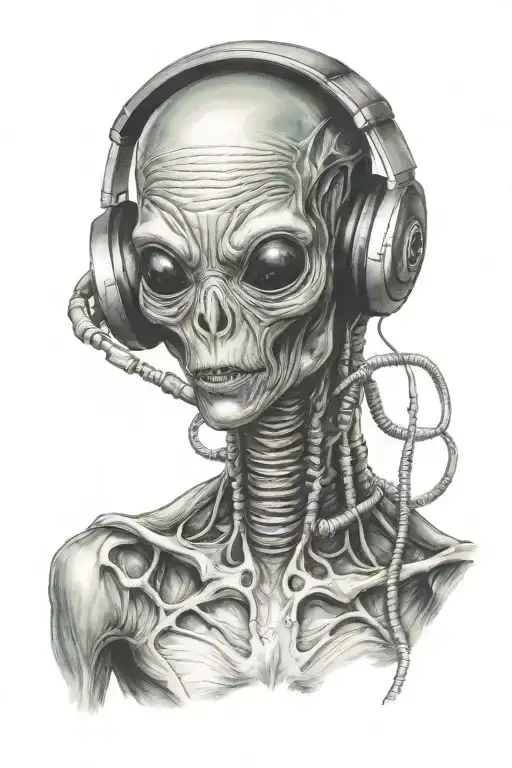A Realistic Portrait Of An Alien Wearing Headphones Listening To Trance Music