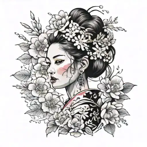 Woman With A Wearing A Kimono And Beautiful Floral Accessories Zoom In Face