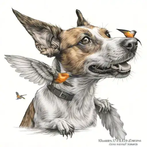 Jack Russel Terrier And Hummingbird Flying Close By