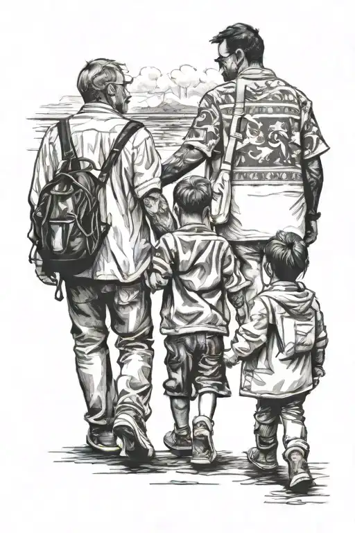 Father And Two Son Walking Hand In Hand Holding Hands