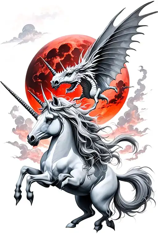 Unicorn Surrounded By Dragon Flying A Red Moon