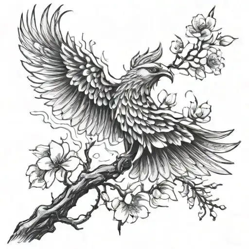 Mens Phoenix Flying Out Of Flames Cherry Blossom Branch