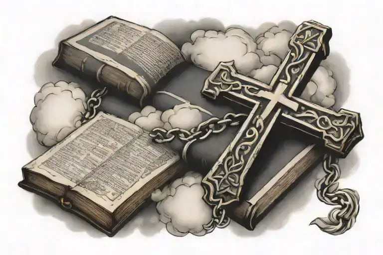 Cross With Clouds Surrounding And A Bible Scripture With Jesus Behind It