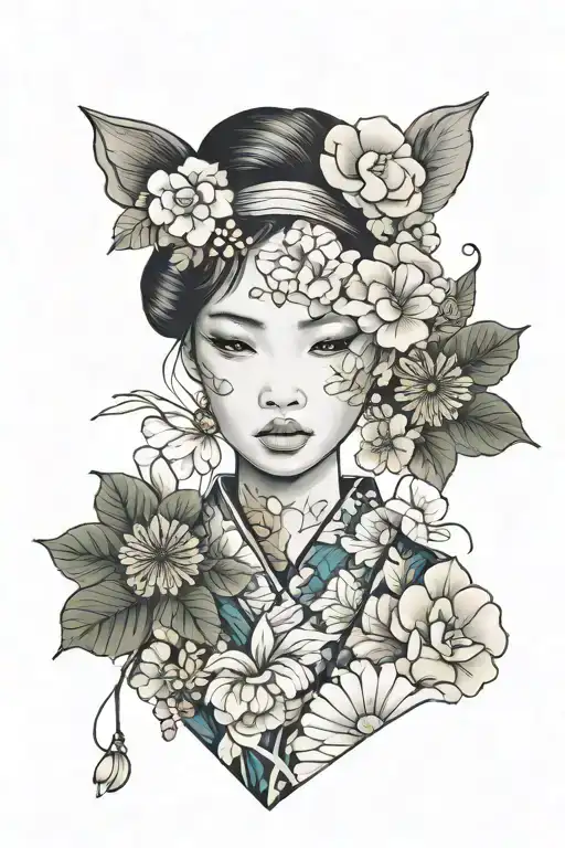 Cute Woman With A Wearing A Kimono And Beautiful Floral Accessories Zoom In Face