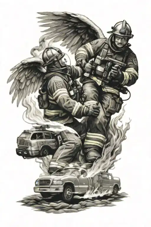 Angel And Firefighter Battling Flames