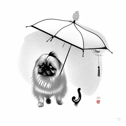 Old Chinese Woman Holds An Umbrella With Pekingese Dog In The Rain