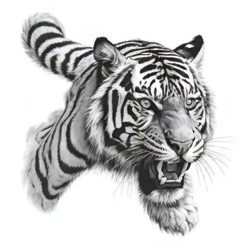 Roaring Black And White Tiger With Blue Eyes Looking