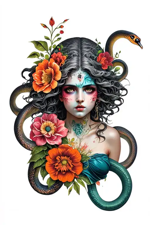 Half Medusa With Snakes And Half Woman With Flowers