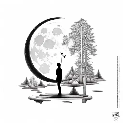 Forest With Dark Himan Figure Looking At Moon Holding A Wand By His Side