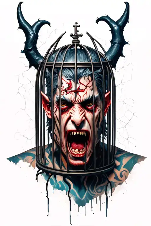 Demon In Cage Behind Torn Skin And Cross