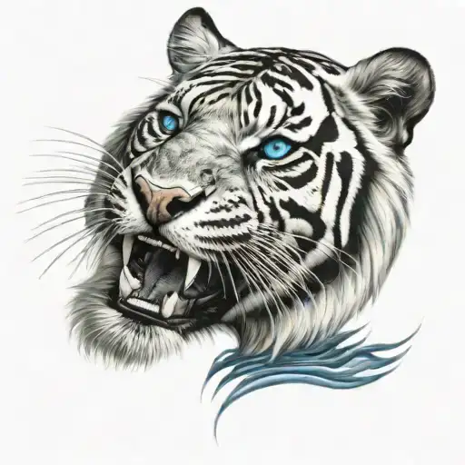 Roaring Black And White Tiger With Blue Eyes