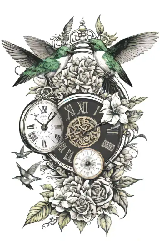 Humming Birds Flying Away Roman Numerals Clock With Flowers Mixed In