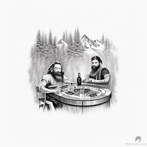 Mountain Man And A Dire Wolf Play Poker With A Bottle Of Whiskey In An Old Mountain Cabin