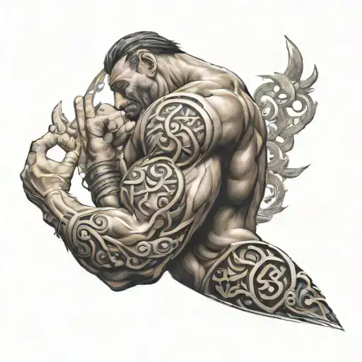 A Muscular Arm Flexing With Intricate Hindu Symbols Intertwined In The Muscles