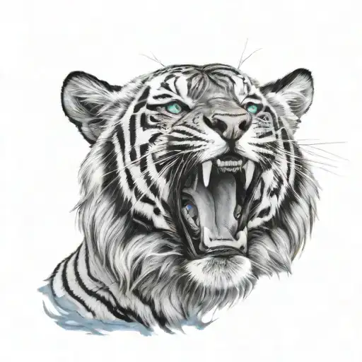 Roaring Black And White Tiger With Blue Eyes Looking Out
