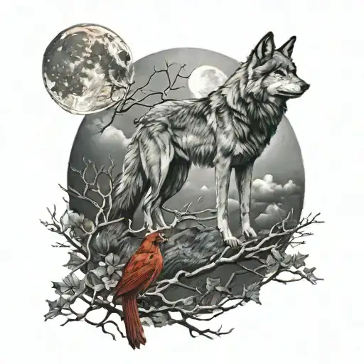 Wolf And Cardinal With A Full Moon In The Background